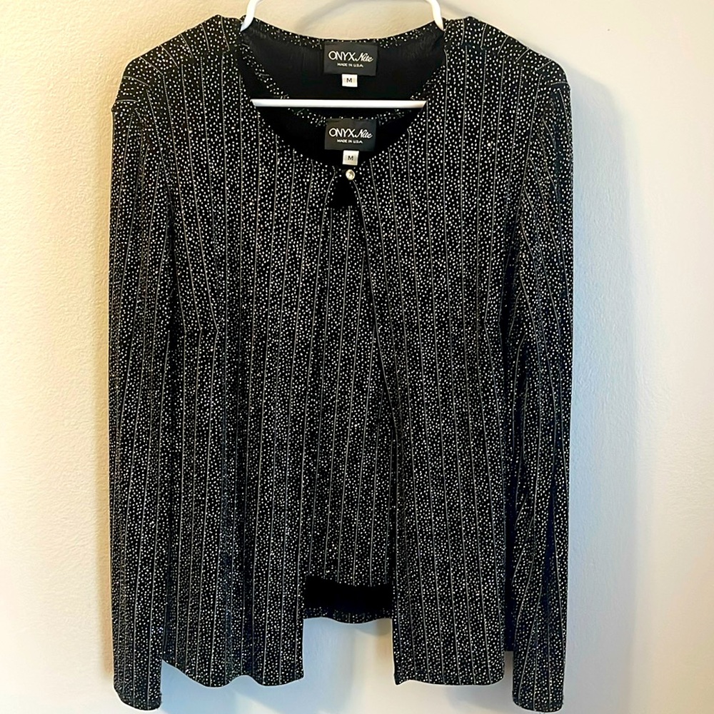 Onyx Nite 2 piece medium size black and silver sparkly tank and jacket set.